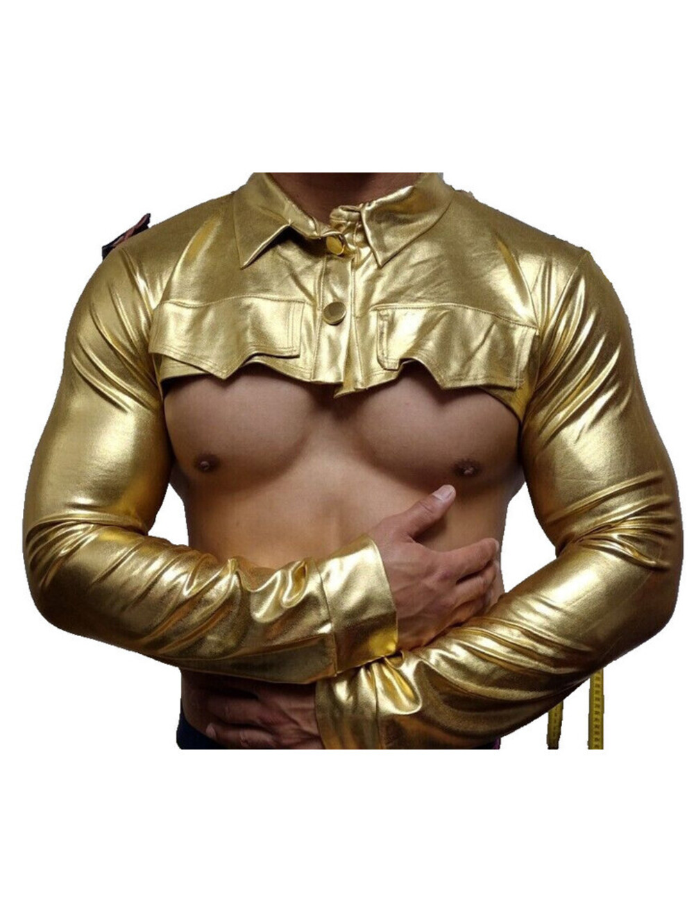 Gold Muscle Short Disco Jacket Long Sleeve Gay Muscle Techno Raver Size Small